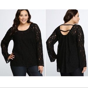 Torrid black lace sheer blouse w bell sleeves, 1X